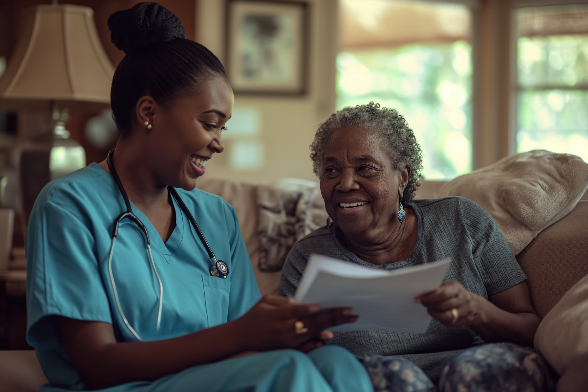 A friendly caregiver assisting a client
